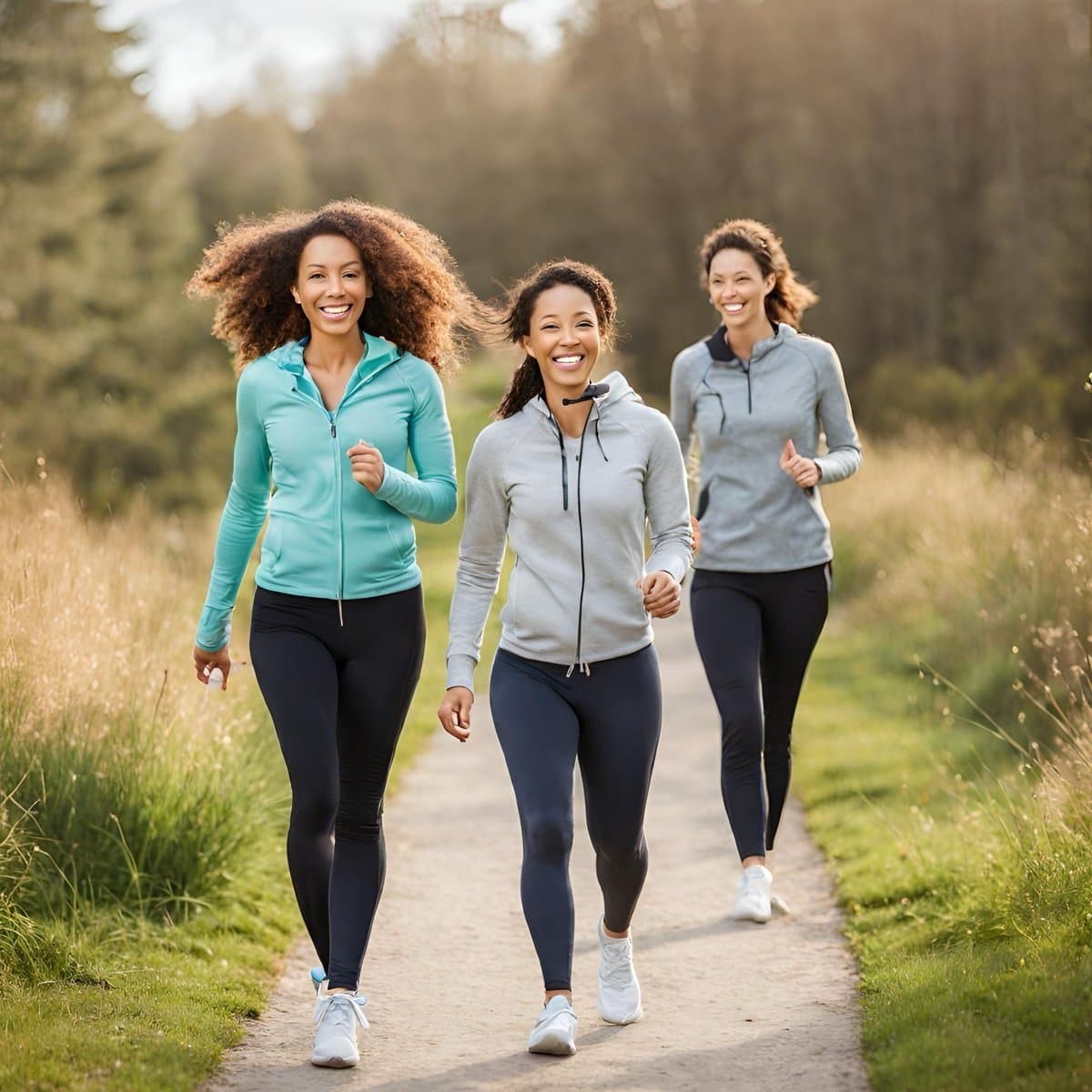 A small group of women walking together outdoors in daylight.